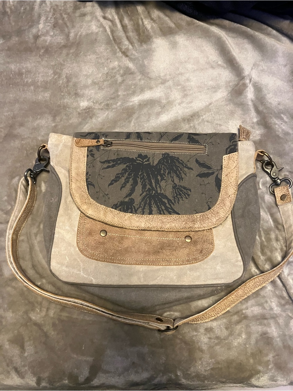 Myra Women's Neutral Canvas & Suede Crossbody Bag - Taupe